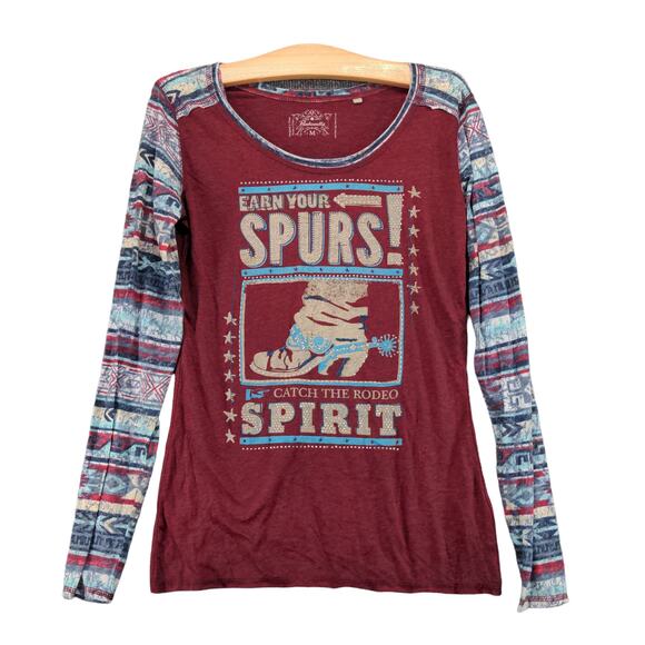 Panhandle Long Sleeve T Shirt Earn Your Spurs Rodeo Spirit Size M Red Western - Picture 1 of 10